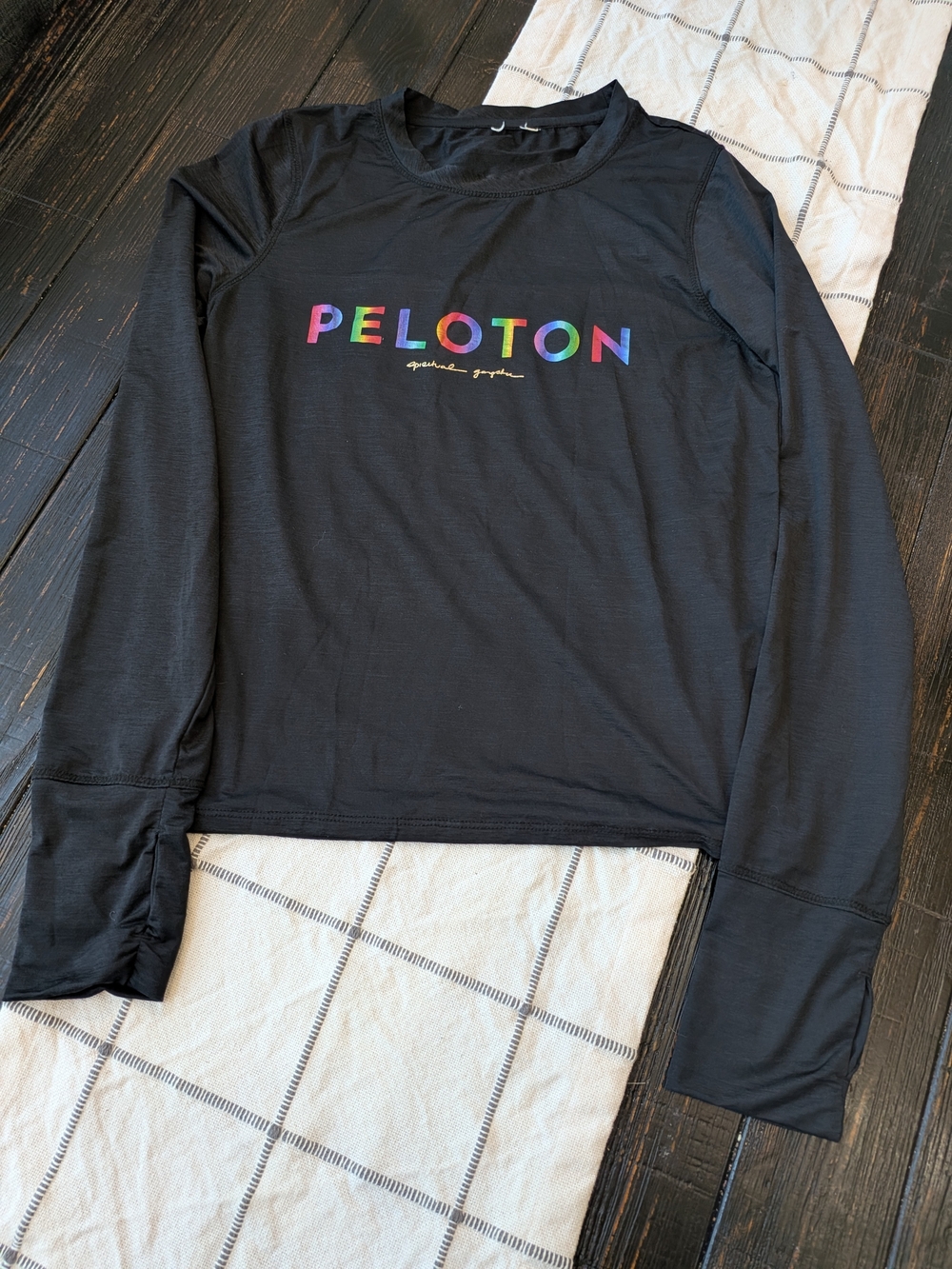 Peloton x Spiritual Gangster Black Black Tee with Rainbow Gradient Logo • Medium